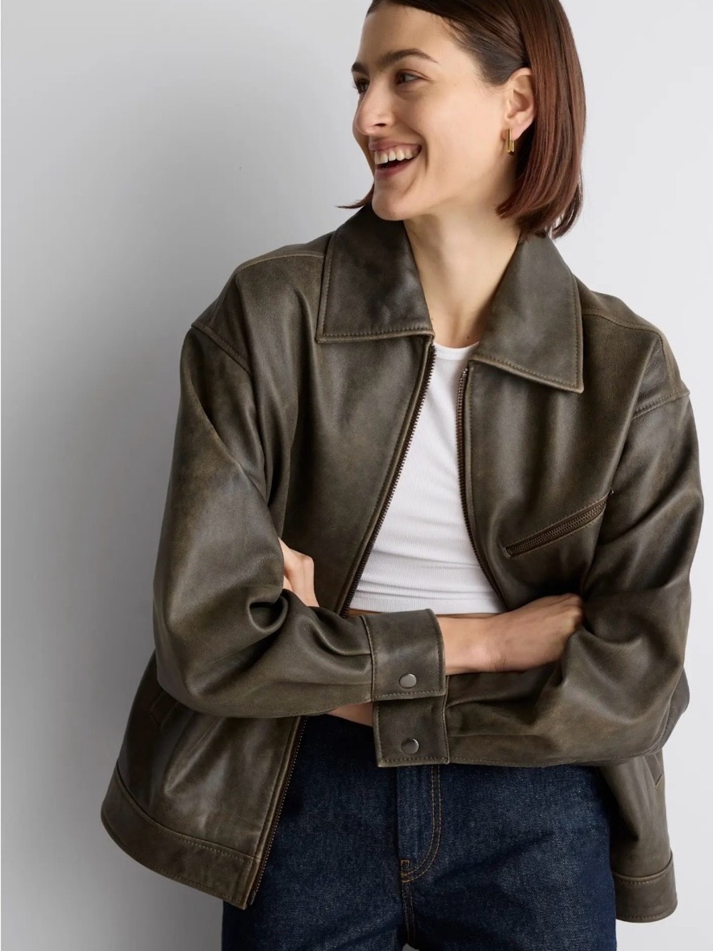 Quince Distressed Brown 100% Leather Oversized Zip-Front Jacket